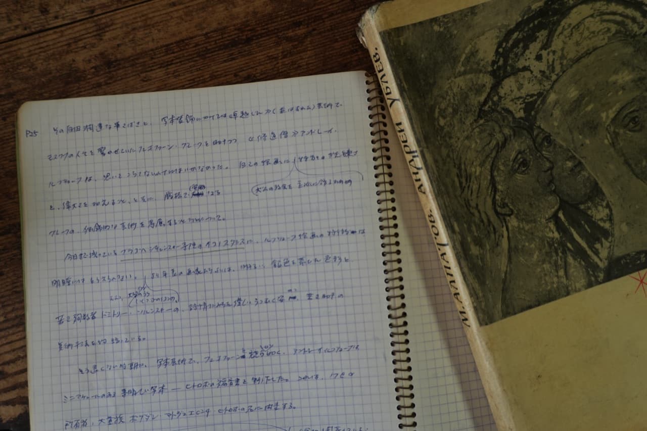 翻訳の原稿。右はロシア語の原著 М. Алпатов『Андрей Рублев』。副館長がパリで訳していたもの