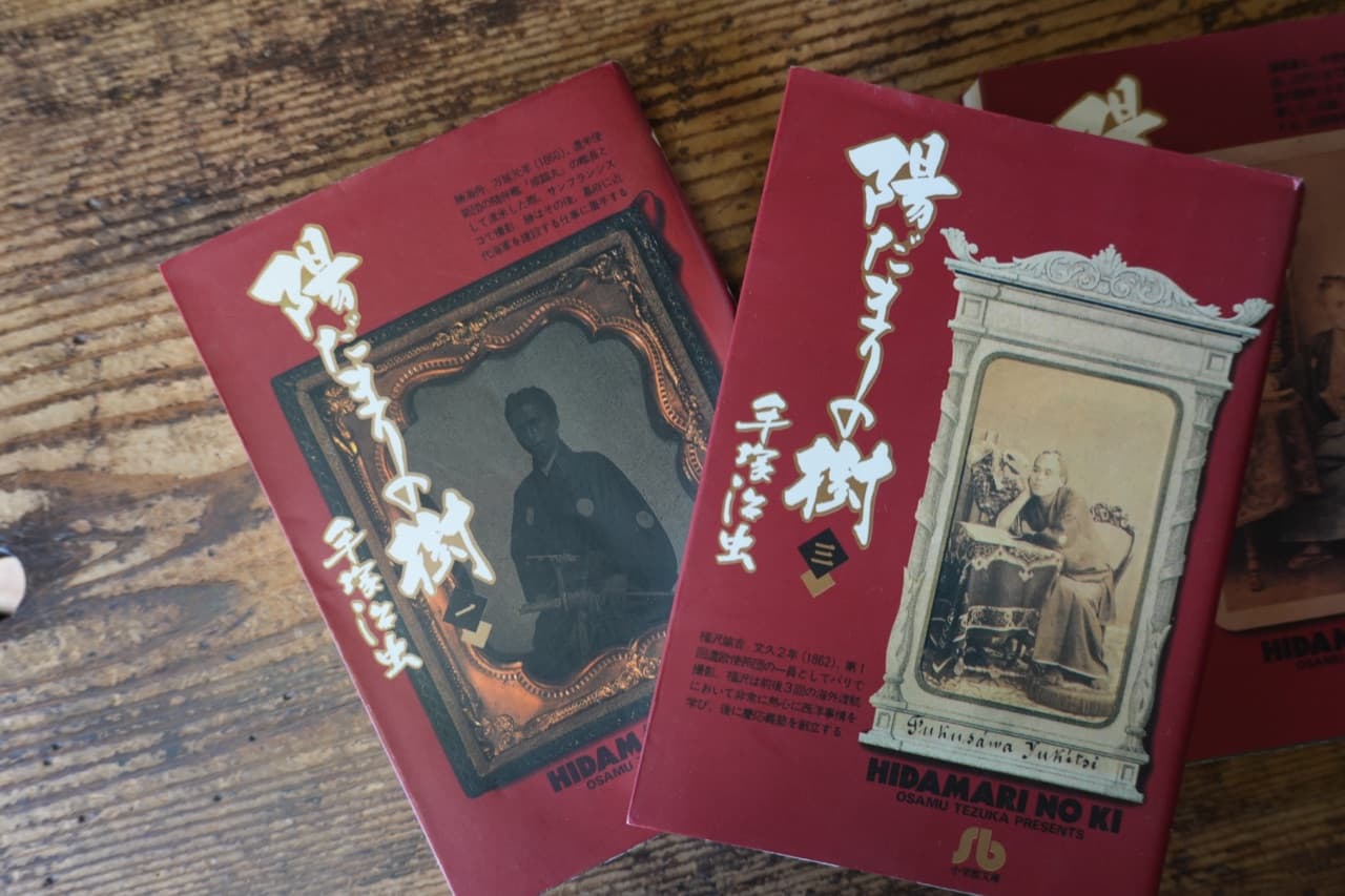 手塚治虫『陽だまりの樹』小学館文庫。カバーは咸臨丸でアメリカに渡った勝海舟（1860年）と、遣欧使節でパリで撮られた福沢諭吉（1862年）