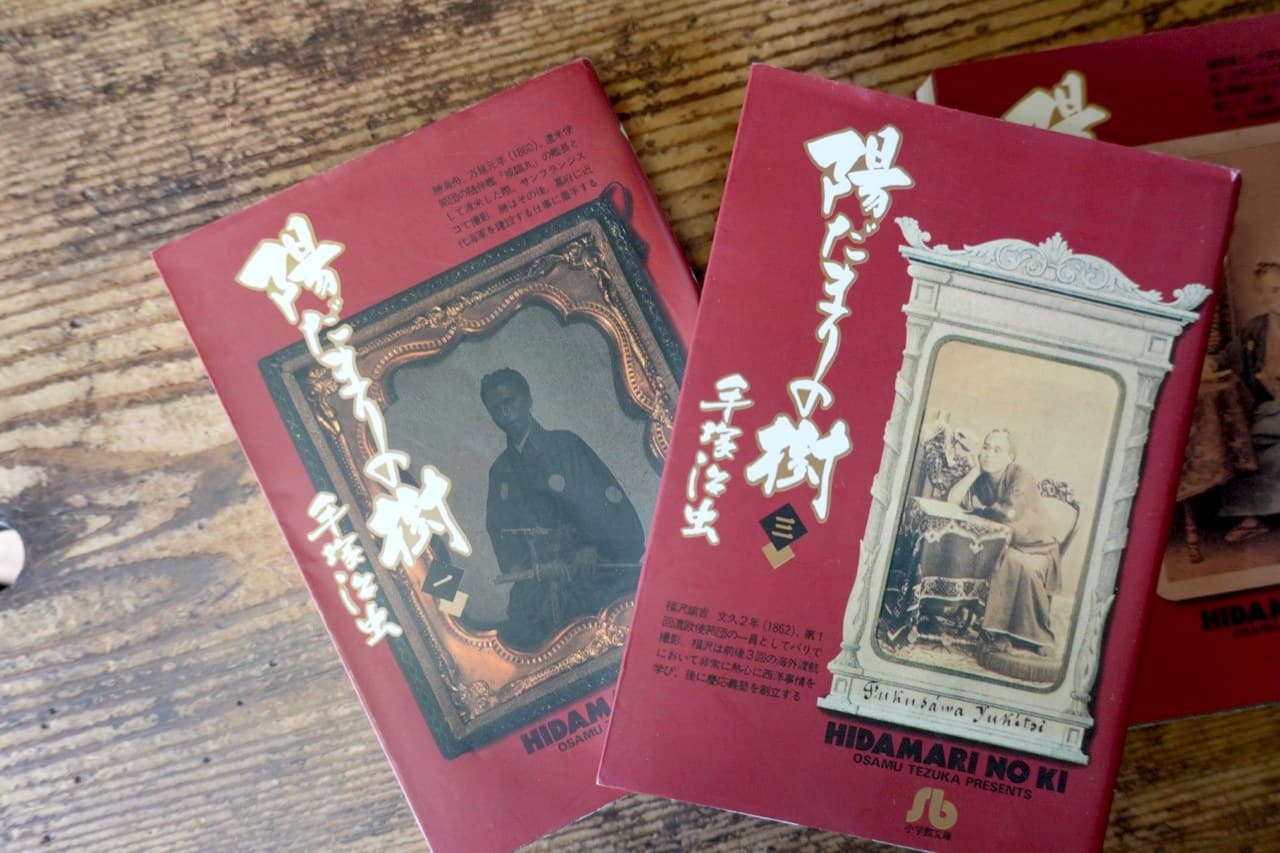 手塚治虫『陽だまりの樹』小学館文庫。カバーは咸臨丸でアメリカに渡った勝海舟(1860年)と、遣欧使節でパリで撮られた福沢諭吉(1862年)