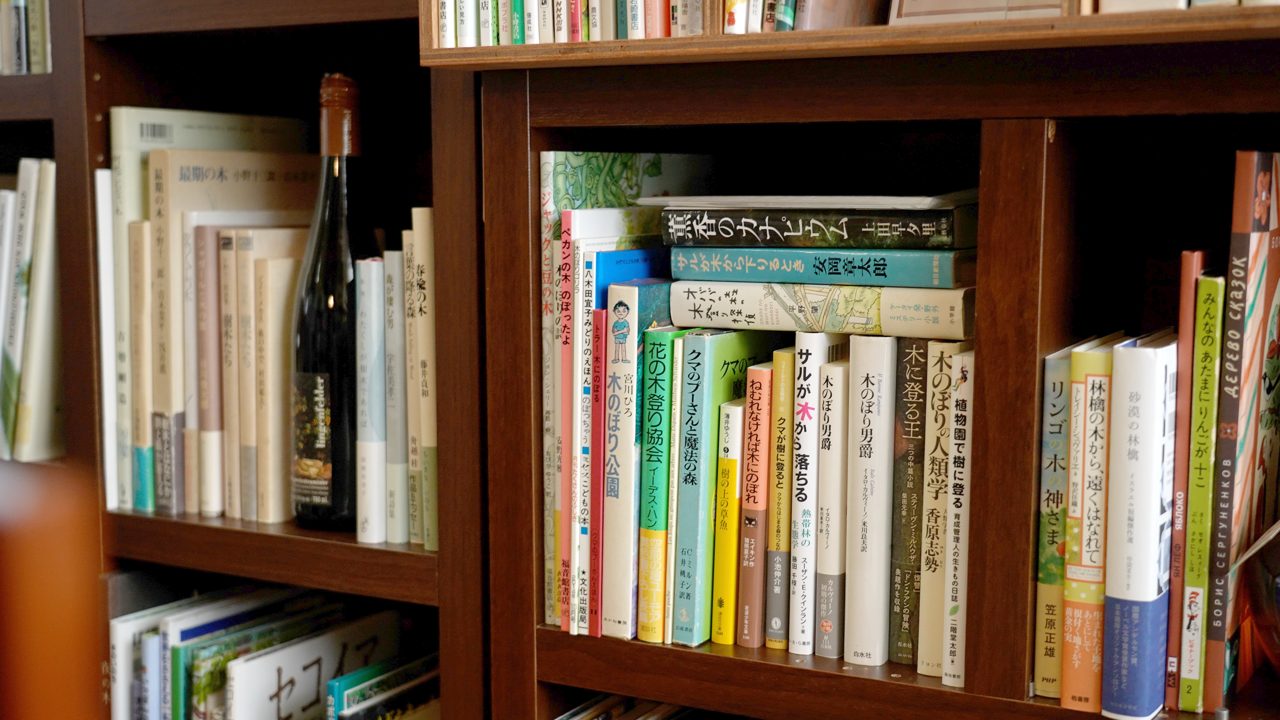 木登りの本が並ぶ棚。『木のぼり男爵』『木に登る王』『サルが木から落ちる』『オババの森の木登り探偵』